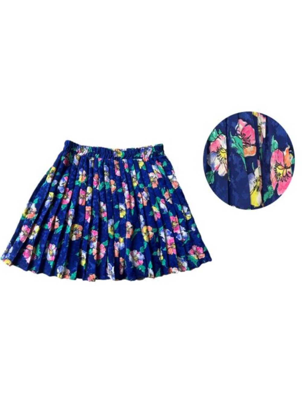 Vintage Reworked Silky Cobalt Blue Floral Pleated Mini Secretary Circle Skirt